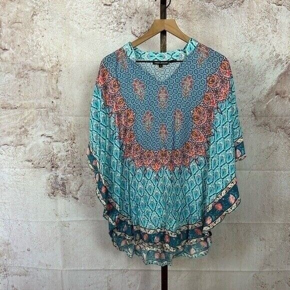 TOLANI poncho tunic top size S paisley floral peacock boho festival angel sleeve - Picture 2 of 5